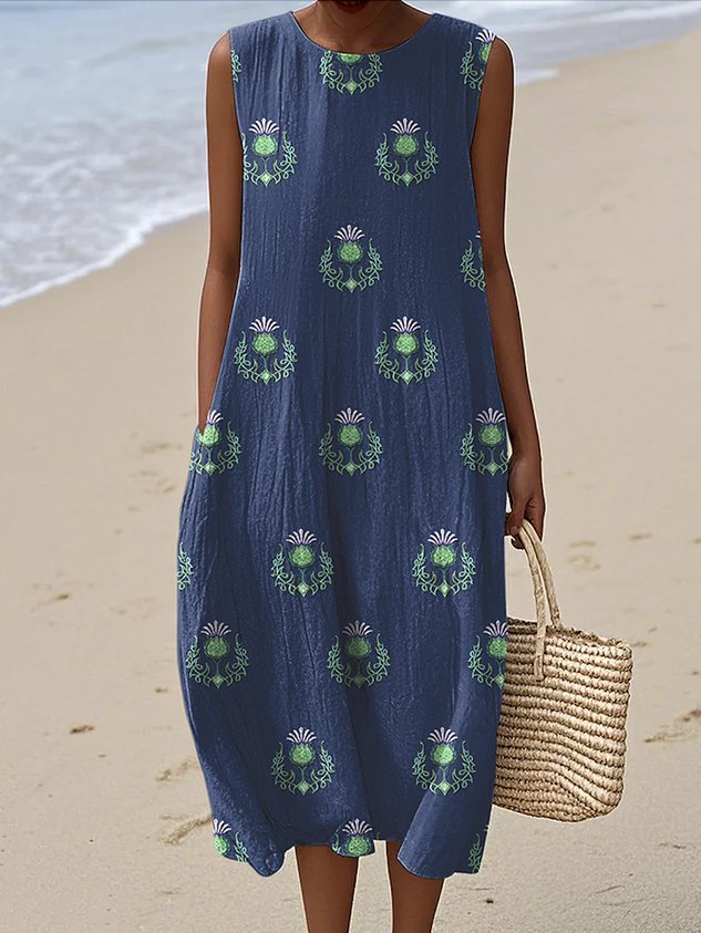 Women Floral Summer Dress Crew Neck Sleeveless A-Line Dress