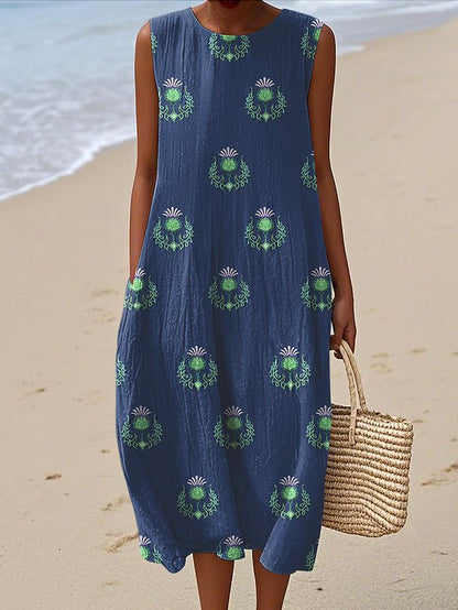 Women Floral Summer Dress Crew Neck Sleeveless A-Line Dress