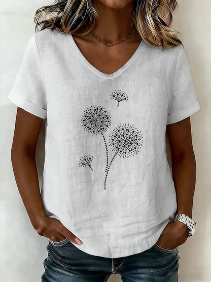 Crew Neck Short Sleeve Dandelion Regular Loose Tunic Blouse For Women