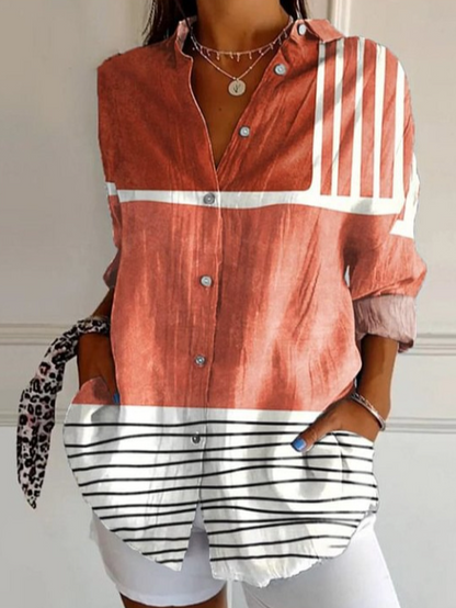 Women's Shirt Cotton Button Up Floral Geometric Basic Blouse Casual Long Sleeve Shirt Collar Daily Top