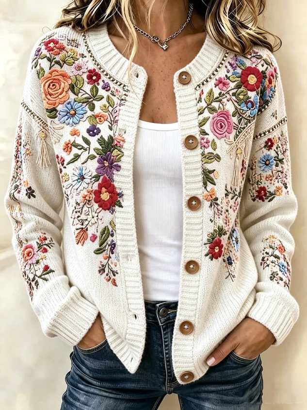 Women Spring/Fall Outerwear Vintage Floral Long Sleeve Jacket