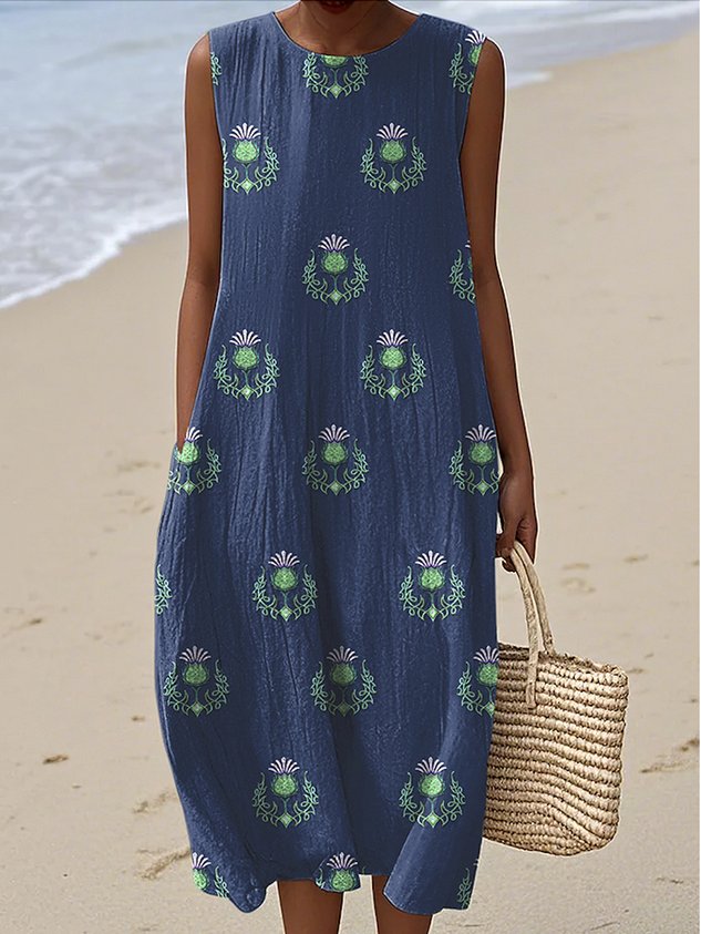 Women Floral Summer Dress Crew Neck Sleeveless A-Line Dress