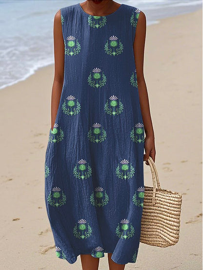 Women Floral Summer Dress Crew Neck Sleeveless A-Line Dress