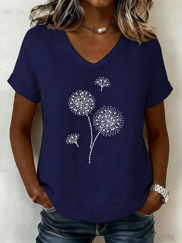 Crew Neck Short Sleeve Dandelion Regular Loose Tunic Blouse For Women